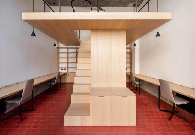 A single wooden insertion defines this micro co-working space in Bilbao