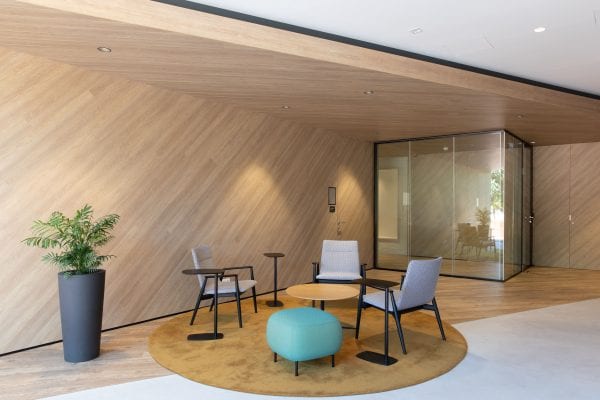 Open office break out area with blue stool and plant