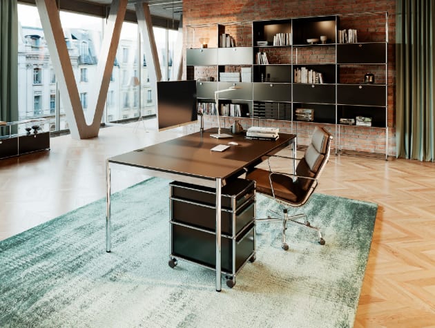 modern office with black and chrome furniture