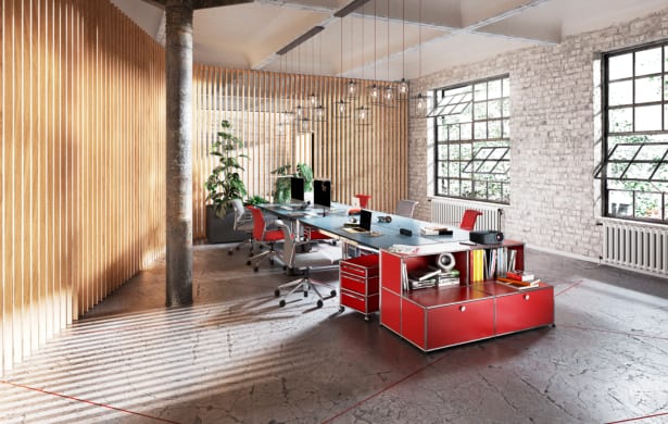 modern office with red furniture