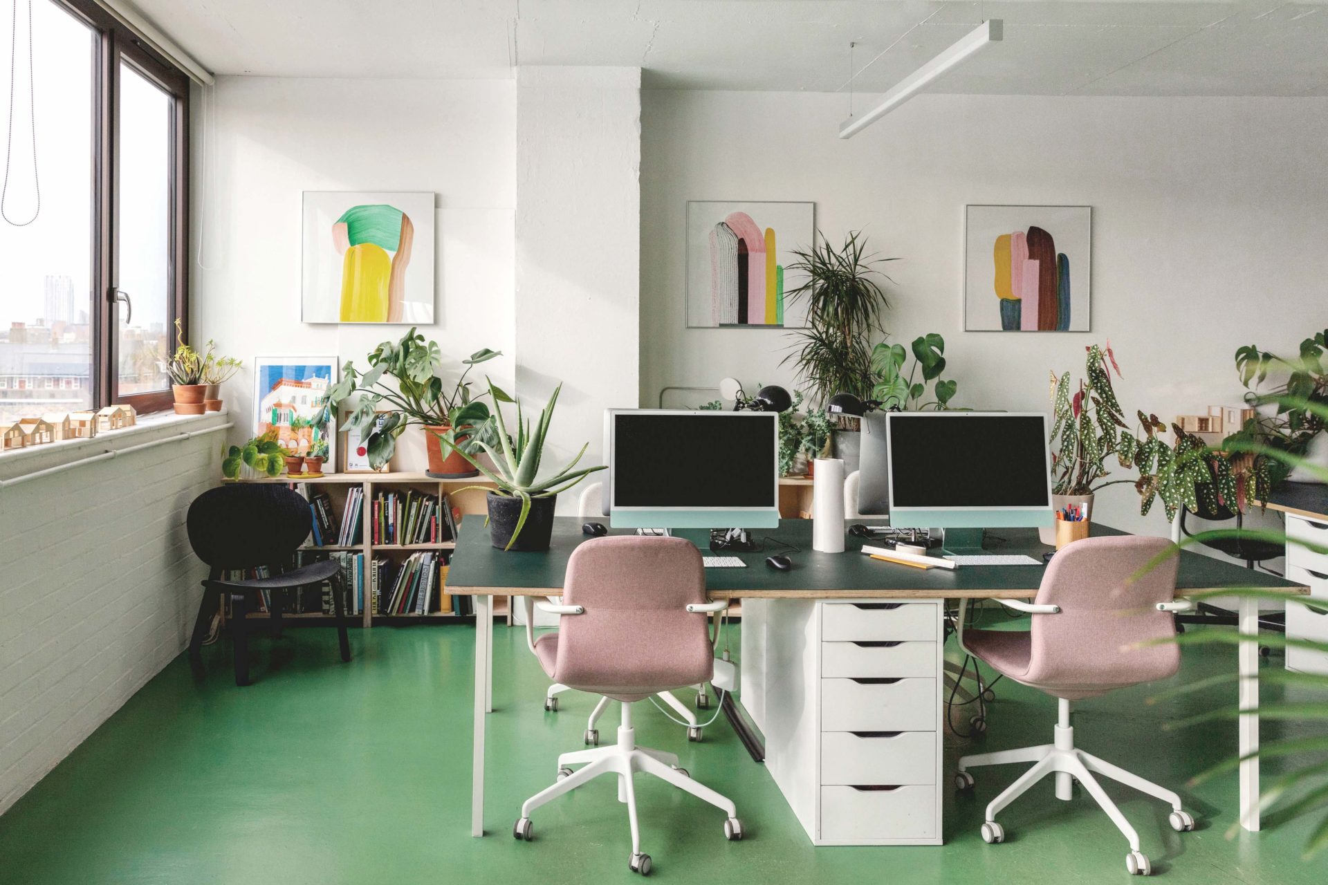 Emil Eve Architects Studio desks with pink chairs