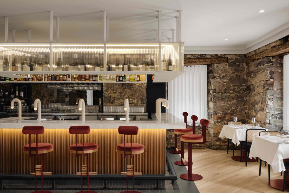 Bar area with red stools