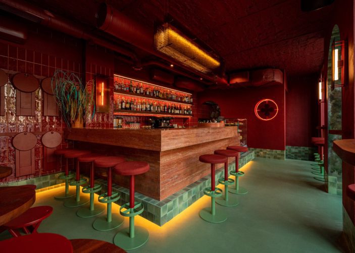 Bar area with timber bar, red and green details