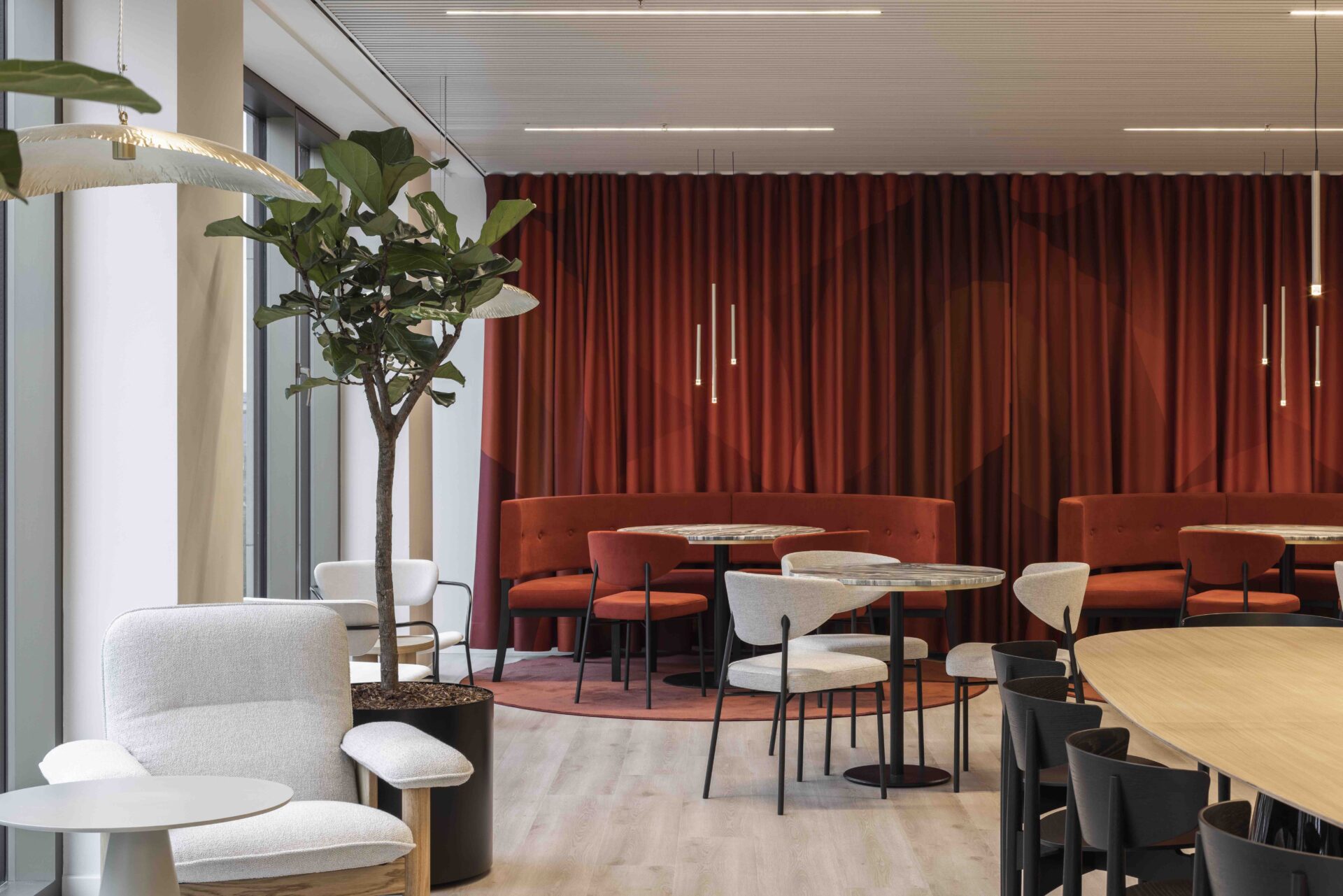 Red banquette seating area